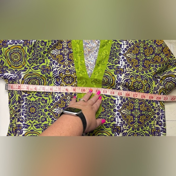 Ecologie Womens Green Purple  V-Neck 100% Linen Tunic Size Large 3/4 Sleeves - Picture 3 of 7